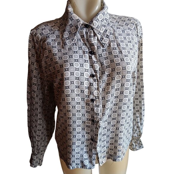 1OF1 Medium Vintage Blouse 1960's Geometric Print Button-Up Top Pointed Collar - Picture 2 of 11